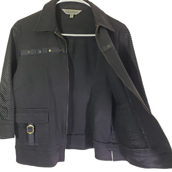 JUNKO COLLECTION Size 42 Black Punk, Studded, Military, 3/4 Length Sleeve Jacket - Picture 2 of 8